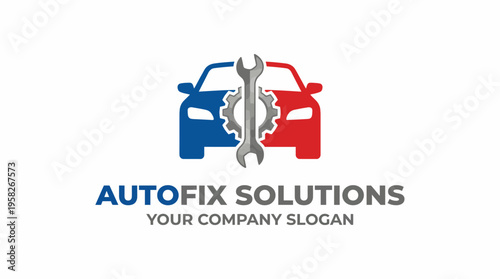 This modern logo features two cars and a wrench, symbolizing efficient car repair solutions. It's designed to appeal to auto service customers in the vehicle maintenance industry.