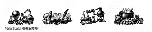 Vintage alchemy laboratory elements vector illustration black and white silhouette