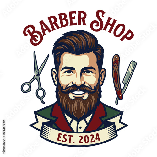 A vintage barber shop logo showcasing a stylish barber with a well-groomed beard and classic tools, ideal for attracting clients looking for quality grooming services.