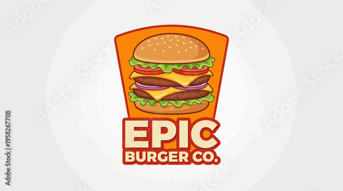A colorful logo depicting a stacked burger with fresh ingredients, representing the fun and flavor of Epic Burger Co. in an engaging and appetizing design.