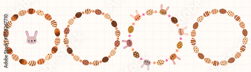 Cute chocolate eggs vector borders with bunny faces and flowers, round spring frames for package design