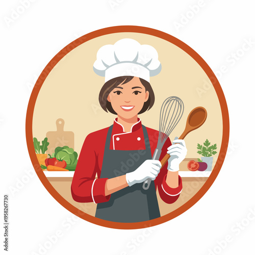 A warm and inviting illustration of a female chef in her kitchen, exuding professionalism and passion for cooking with culinary tools in her hands.