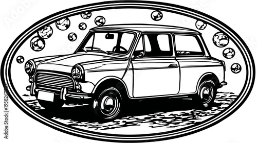 Black and white oval image of a classic small car surrounded by bubbles, evoking car wash