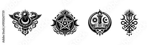 Mystical black and white vector illustrations of esoteric symbols with eye motifs and celestial elements