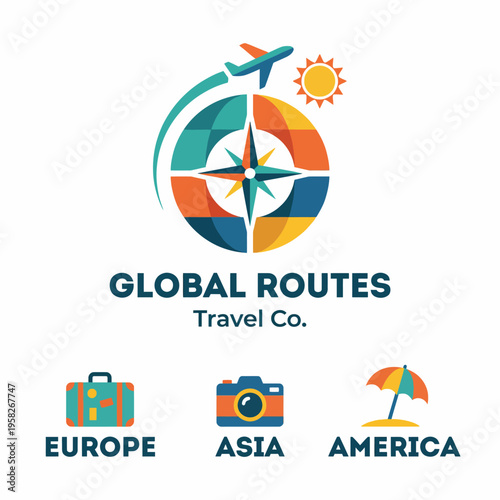 This vibrant logo showcases a globe with travel icons, representing various travel experiences, perfect for a travel agency promoting global routes and adventures.