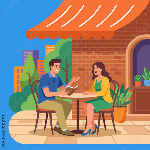 This warm illustration depicts two happy patrons enjoying their time at a cafe, showcasing a relaxed atmosphere perfect for social interactions or cozy settings.