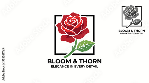 A refined logo featuring a red rose with a green stem, set in a sleek box design, embodying elegance and sophistication for a floral luxury brand.