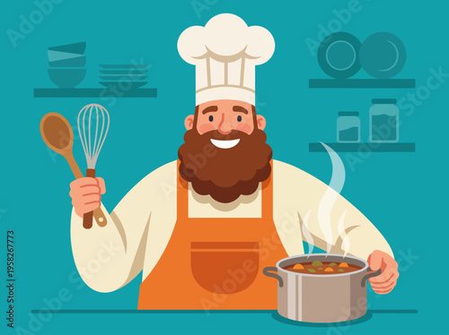A friendly chef with a brown beard is stirring a steaming pot of soup, showcasing his cooking skills and warmth. The kitchen background adds to the inviting atmosphere.