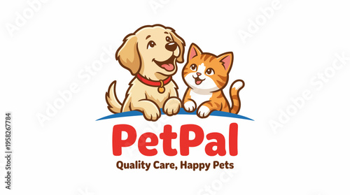 A vibrant logo featuring a happy dog and a playful cat, emphasizing quality care and the joy pets bring into our lives, ideal for pet care brands and services.