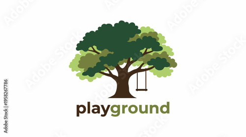 An artistic logo portraying a tree with a swing, representing the fun and joy associated with playgrounds, perfectly suited for children’s parks and recreational areas.