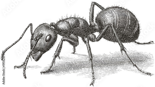 Intricate black and white illustration of an ant, showcasing its anatomy. The image is a detailed drawing