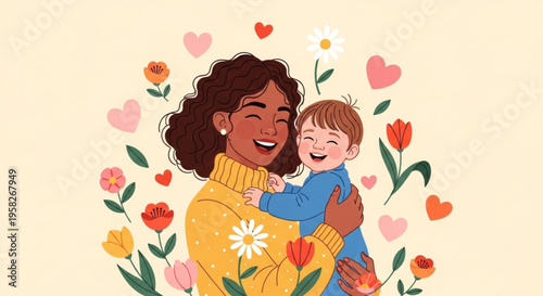 Loving mother hugging her happy child surrounded by colorful flowers and hearts
