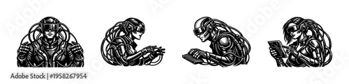 Cyberpunk style cyborg illustrations, futuristic robot figures, black and white vector art