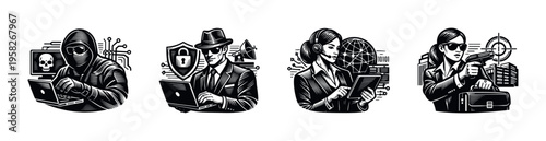 Black and white vector illustrations of cybersecurity and technology professionals