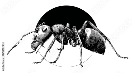 Detailed grayscale illustration of an ant, set against a black circle. Insect is in profile
