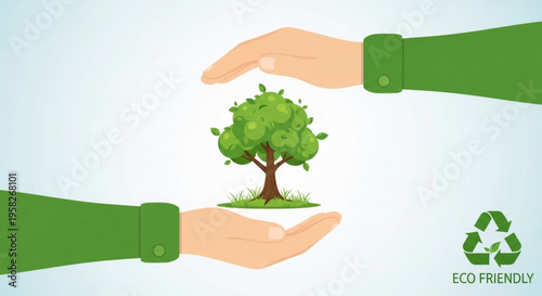 Eco friendly hands nurturing a green tree with recycling symbol