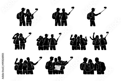 Group of diverse adults using selfie sticks for photos and navigation.