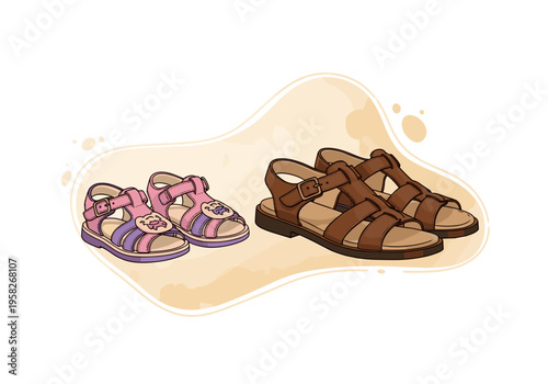 A pair of small children's sandals and a pair of larger, classic leather adult sandals, placed side by side. A soft, abstract watercolor puddle is partially in the background.