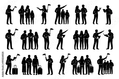 Silhouettes of diverse groups with tour guide flags.