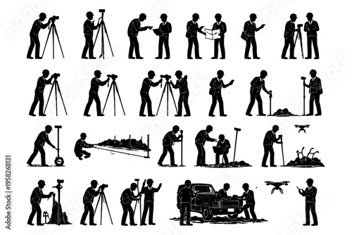 Silhouettes of surveyors using equipment and drones in various tasks.