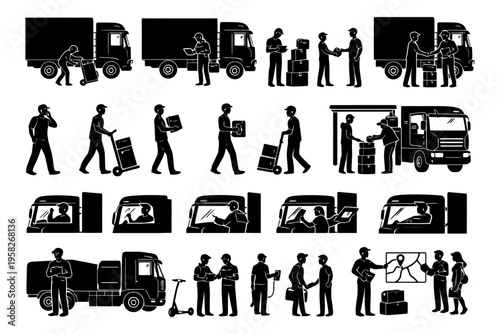 Silhouettes of delivery and logistics workers with trucks and packages.