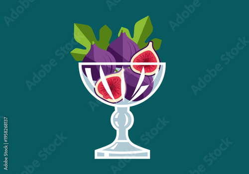 Flat vector illustration of a vintage crystal vase with figs. Dark turquoise background. Minimalistic composition.