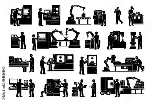 Industrial automation process with robots and engineers in a manufacturing facility.