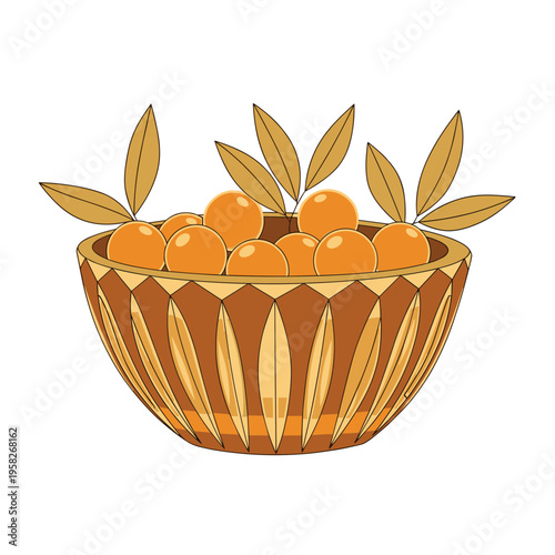 Flat vector image of vintage Baccarat style crystal bowl filled with golden berries (physalis or golden raspberry) on transparent background.