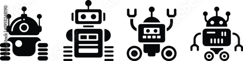 Autonomous robot silhouette icons, artificial intelligence robot symbols
