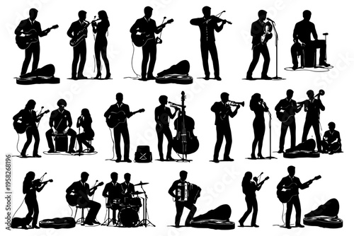 Silhouettes of musicians playing various instruments in a band ensemble.