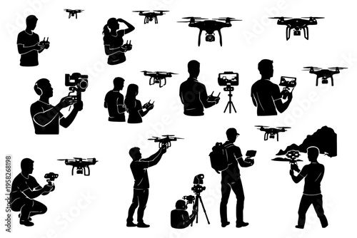 Silhouettes of people operating drones and cameras.