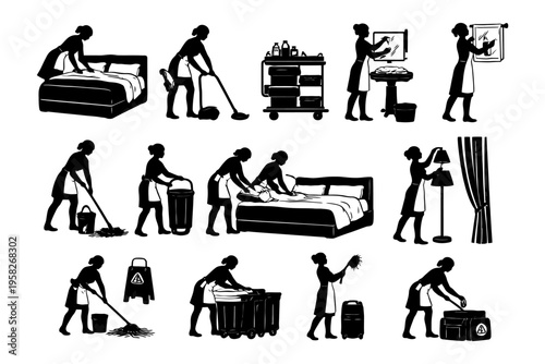 Silhouette of female hotel staff engaging in various cleaning activities.