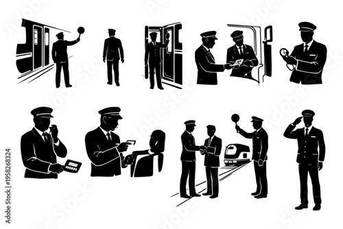 Train conductor silhouettes in various railway scenarios.