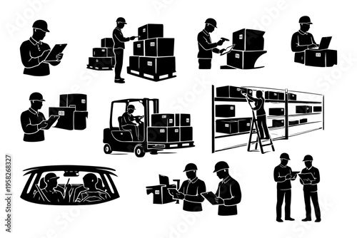Silhouette illustrations of warehouse workers in various activities and equipment handling.