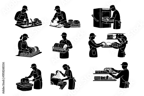 Silhouette illustrations of bakery workers preparing bread and pastries.