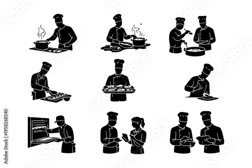 Silhouette chefs cooking and collaborating in kitchen scenes.