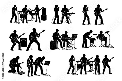 Silhouette performers: diverse musical instruments in energetic band scenes.