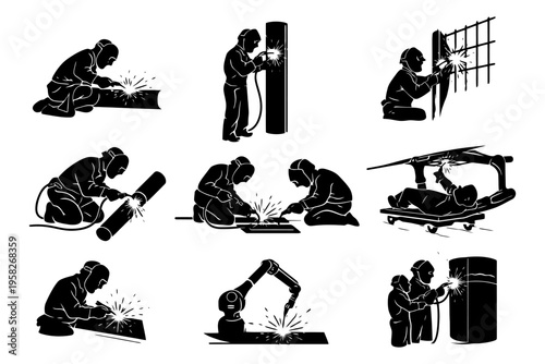 Silhouette of welders and robots in various welding positions.