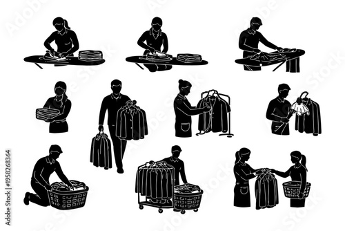 Silhouette illustrations of people engaged in laundry and ironing tasks.