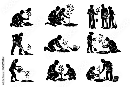 Silhouette scenes of diverse individuals engaging in tree planting activities.