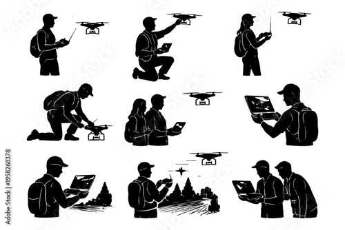 Silhouettes flying drones: individuals with controllers in various poses.