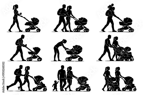 Silhouettes of diverse couples with strollers in various poses.