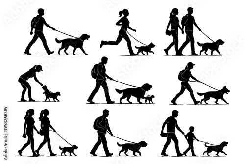 Silhouettes of diverse people walking and running with dogs.