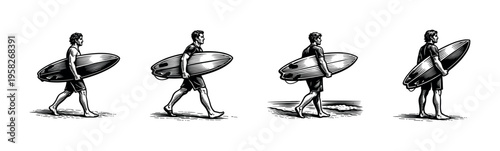 Vintage style vector illustration of surfer figures and surfboards in black and white silhouette