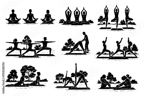 Silhouette yoga poses in nature with people of various genders.