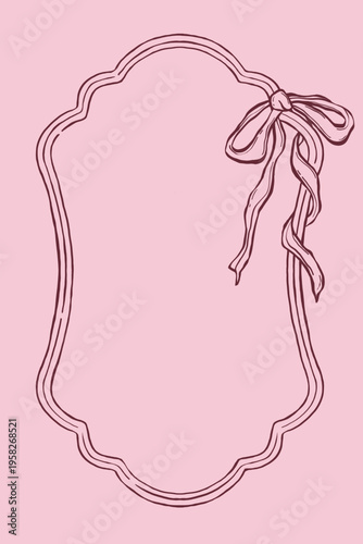 Vector rectangular frame with jagged, vibrant hand-drawn lines. Line drawing of a vintage red frame with rounded and patterned edges and bow. Monochrome illustration for invitations, postcards.v