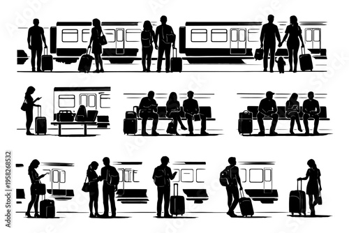 Silhouette of people at train station with luggage and commuters waiting.