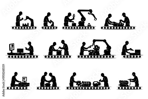 Skilled workers and robots collaborating on assembly line in manufacturing process.