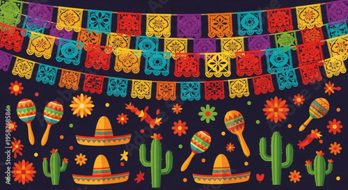 Vibrant mexican fiesta decorations with sombreros maracas cacti and colorful papel picado banners on dark background