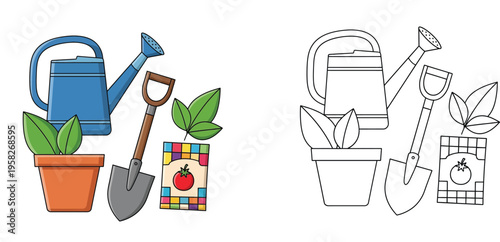 Gardening tools with plant pot and seed packet vector illustration and coloring page version for kids